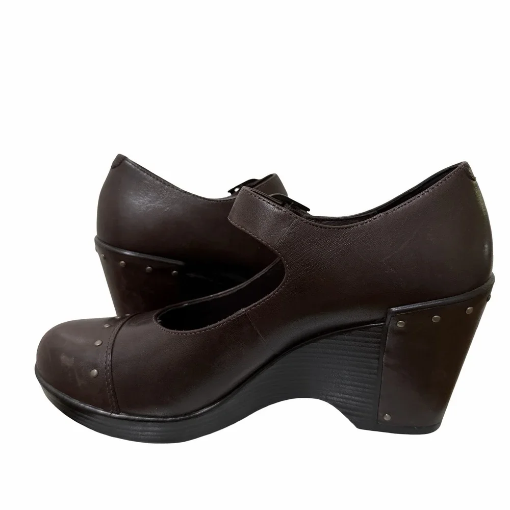 Dansko Leather Mary Jane Platform Wedge Womens EU 38 US 7.5-8 Brown Studded Clog
